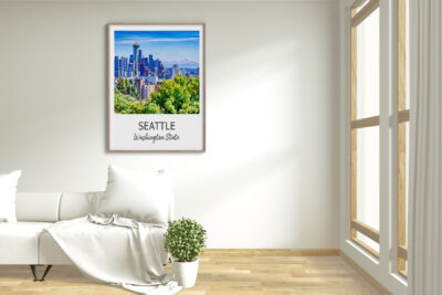 Framed Seattle skyline artwork in modern living room.