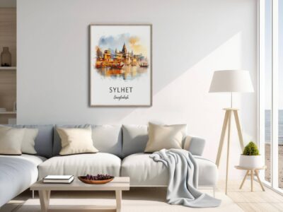 Cozy living room with Sylhet poster on wall.