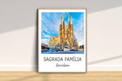 Framed Sagrada Família photo print on wall