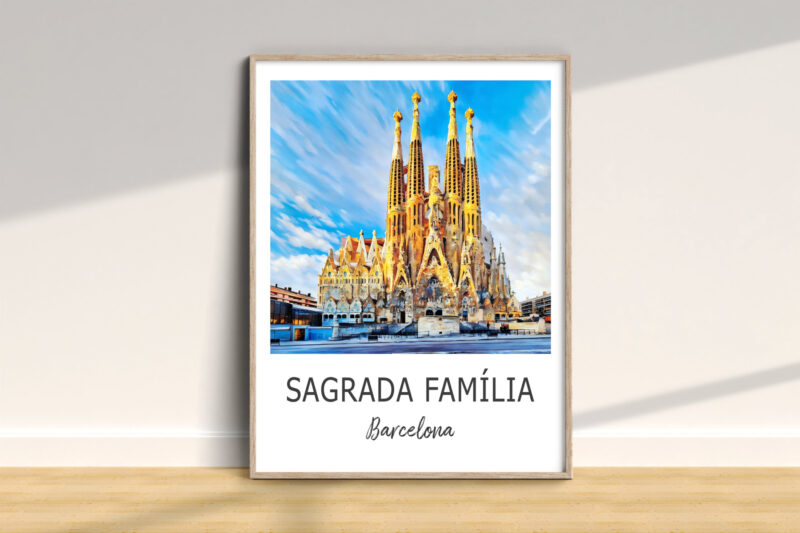 Framed Sagrada Família photo print on wall