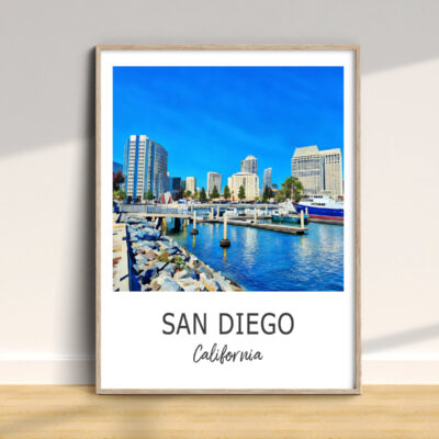 San Diego harbor with skyscrapers and boats.