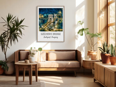Cozy living room with Széchenyi Bridge artwork.