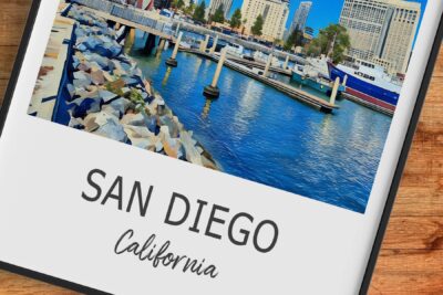 San Diego harbor view with boats and buildings.