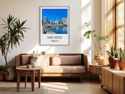 Modern living room with San Diego wall art.