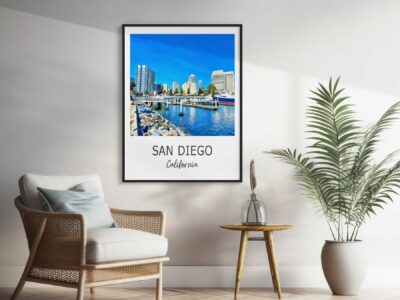 San Diego skyline poster in modern living room.