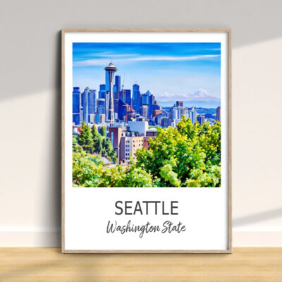 Seattle skyline poster in a frame on wall.
