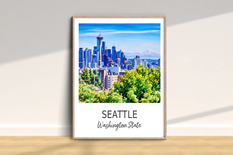 Seattle skyline poster in a frame on wall.