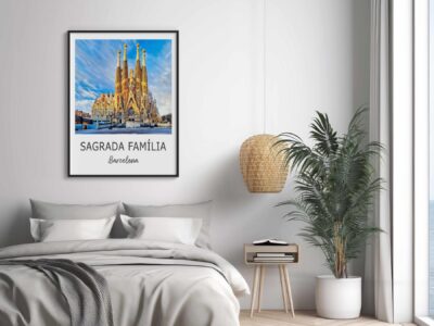 Bedroom with Sagrada Família poster on wall