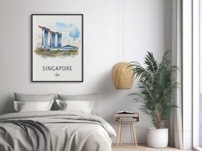 Bedroom with Singapore artwork, plant, and decor.