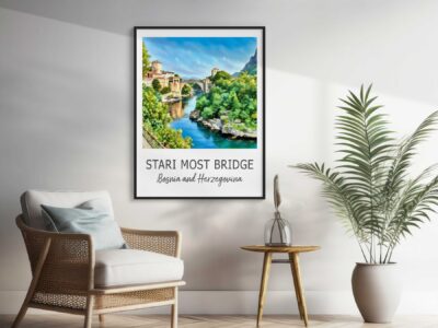 Framed Stari Most Bridge poster on decorated wall.