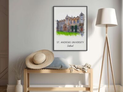St. Andrews University poster in living room decor.