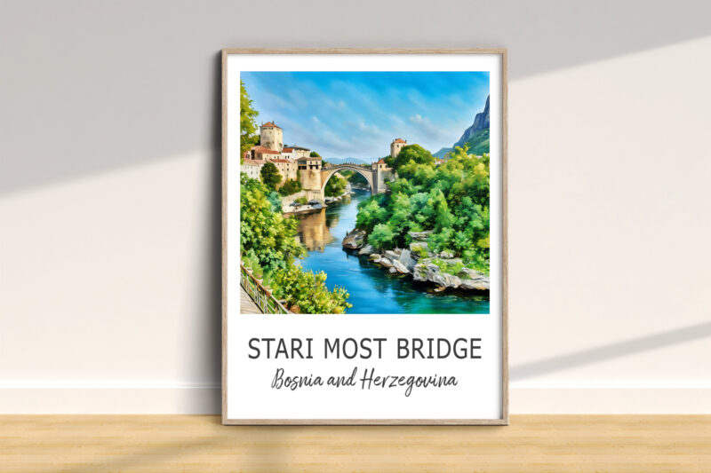 Framed painting of Stari Most Bridge landscape.