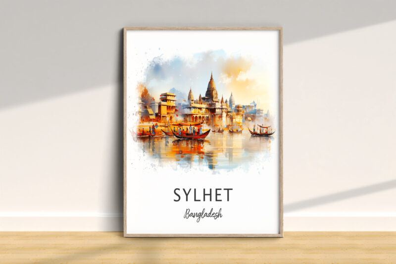 Sylhet Bangladesh scenic artwork with river and boats.
