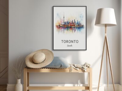 Toronto poster in modern room with stool, lamp.
