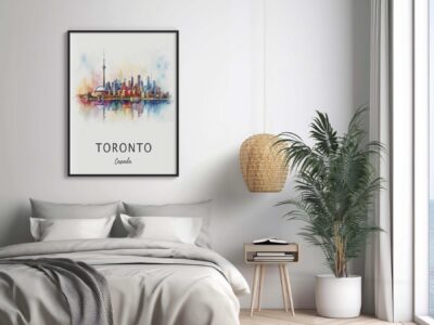 Bedroom with Toronto skyline wall art.