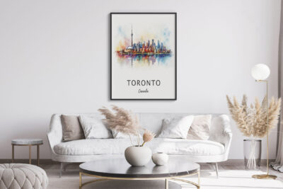 Modern living room with Toronto skyline artwork.