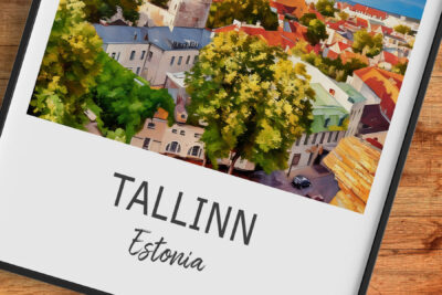 Tallinn, Estonia cityscape displayed on a framed artwork.