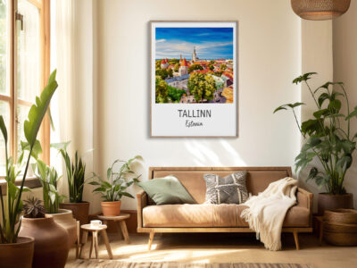 Cozy living room with Tallinn poster and plants.