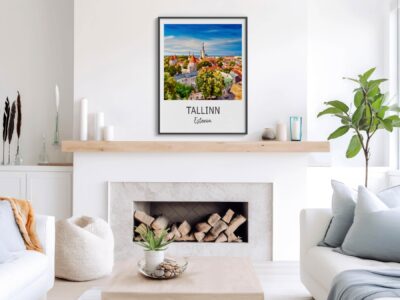 Framed Tallinn photo above modern fireplace in living room.