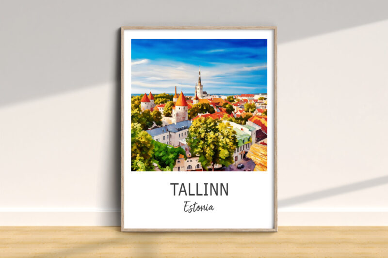 Colorful Tallinn cityscape artwork in wooden frame.