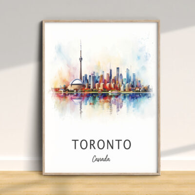 Watercolor painting of Toronto skyline, framed artwork