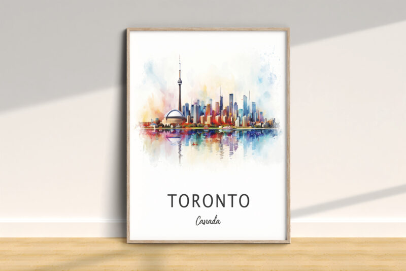 Watercolor painting of Toronto skyline, framed artwork