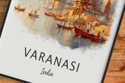 Artwork of Varanasi's vibrant river scene, India.
