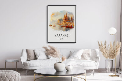 Modern living room with Varanasi artwork.