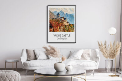 Modern living room with Vaduz Castle artwork.