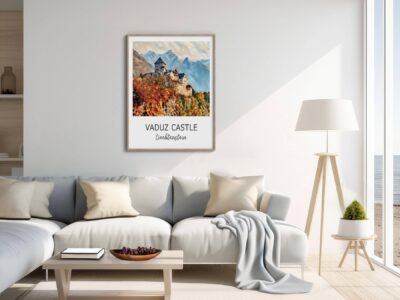 Modern living room with Vaduz Castle wall art.