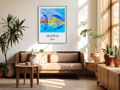 Cozy living room with Valencia poster on wall.