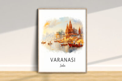 Colorful Varanasi water scene illustration with boats, India.