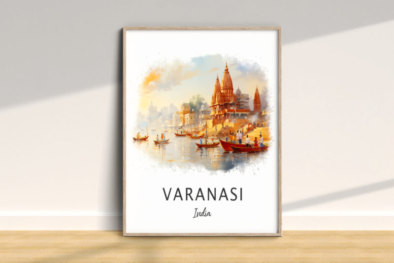 Colorful Varanasi water scene illustration with boats, India.