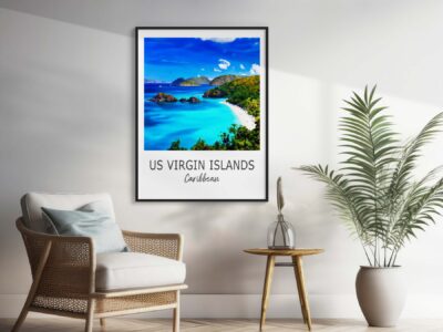 US Virgin Islands Caribbean travel poster on wall.