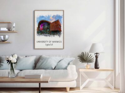 Cozy living room with University of Warwick poster.