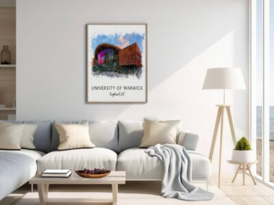 Living room with University of Warwick poster.