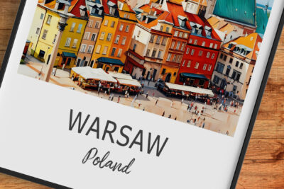 Colorful Warsaw cityscape with vibrant buildings and market.