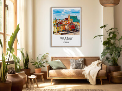 Cozy living room with Warsaw cityscape artwork.