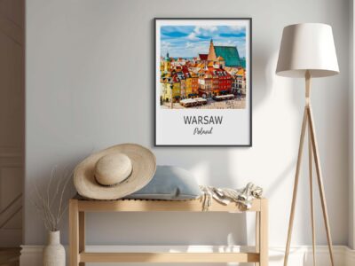 Room interior with Warsaw city poster on wall.