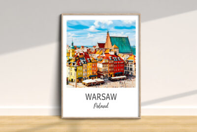 Colorful Warsaw Old Town cityscape illustration