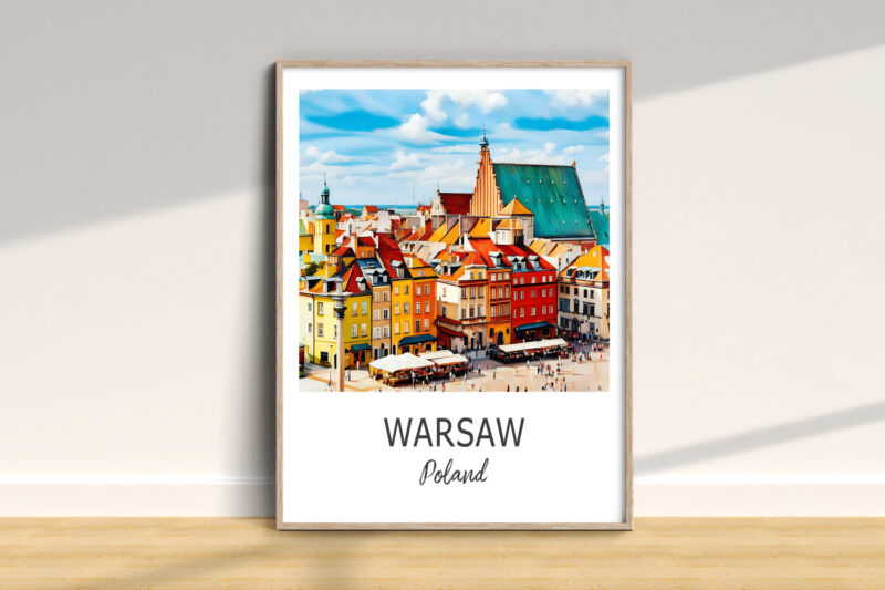 Colorful Warsaw Old Town cityscape illustration