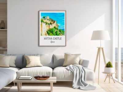 Framed Xàtiva Castle poster in modern living room.