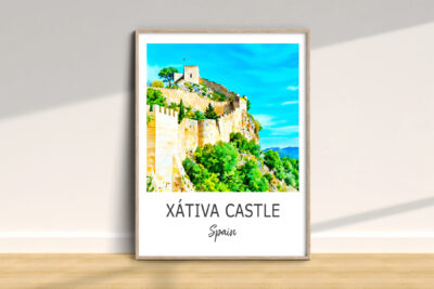 Xàtiva Castle poster on display wall.