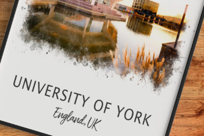 University of York building by lake at sunset