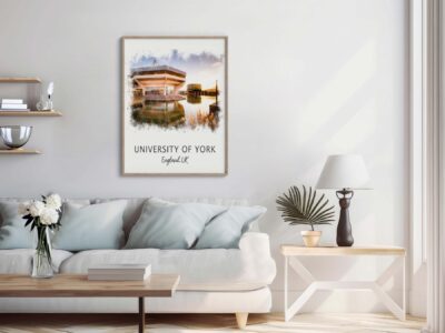 Minimalist living room with University of York print.