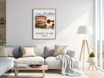 Stylish living room with University of York poster.