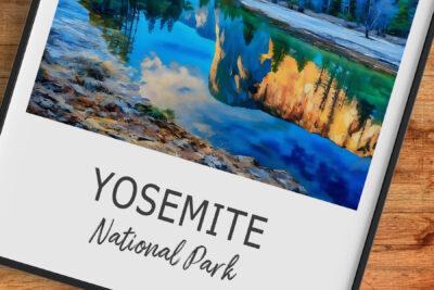 Yosemite National Park artwork with reflective lake view.
