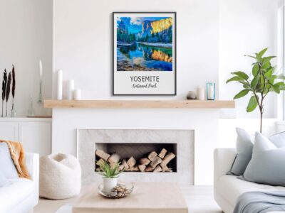 Living room with Yosemite National Park photo on wall.