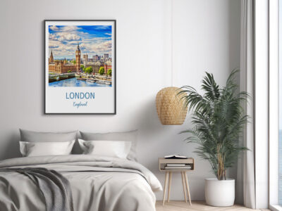 Cozy bedroom with London artwork and plants