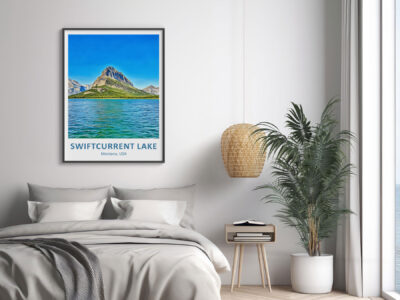 Bedroom decor with Swiftcurrent Lake poster and plants.